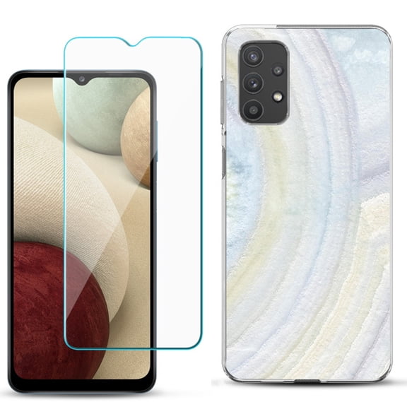 Slim-Fit TPU Phone Case compatible with Samsung Galaxy A32 5G, with Tempered Glass Screen Protector, by OneToughShield ® - Marble / Rainbow