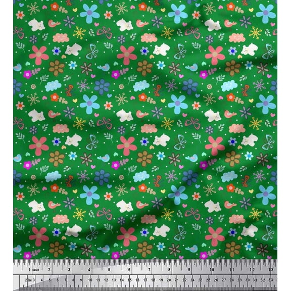 Soimoi Poly Georgette Fabric Bear,Bird & Floral Clip Art Printed Fabric 1 Yard 52 Inch Wide