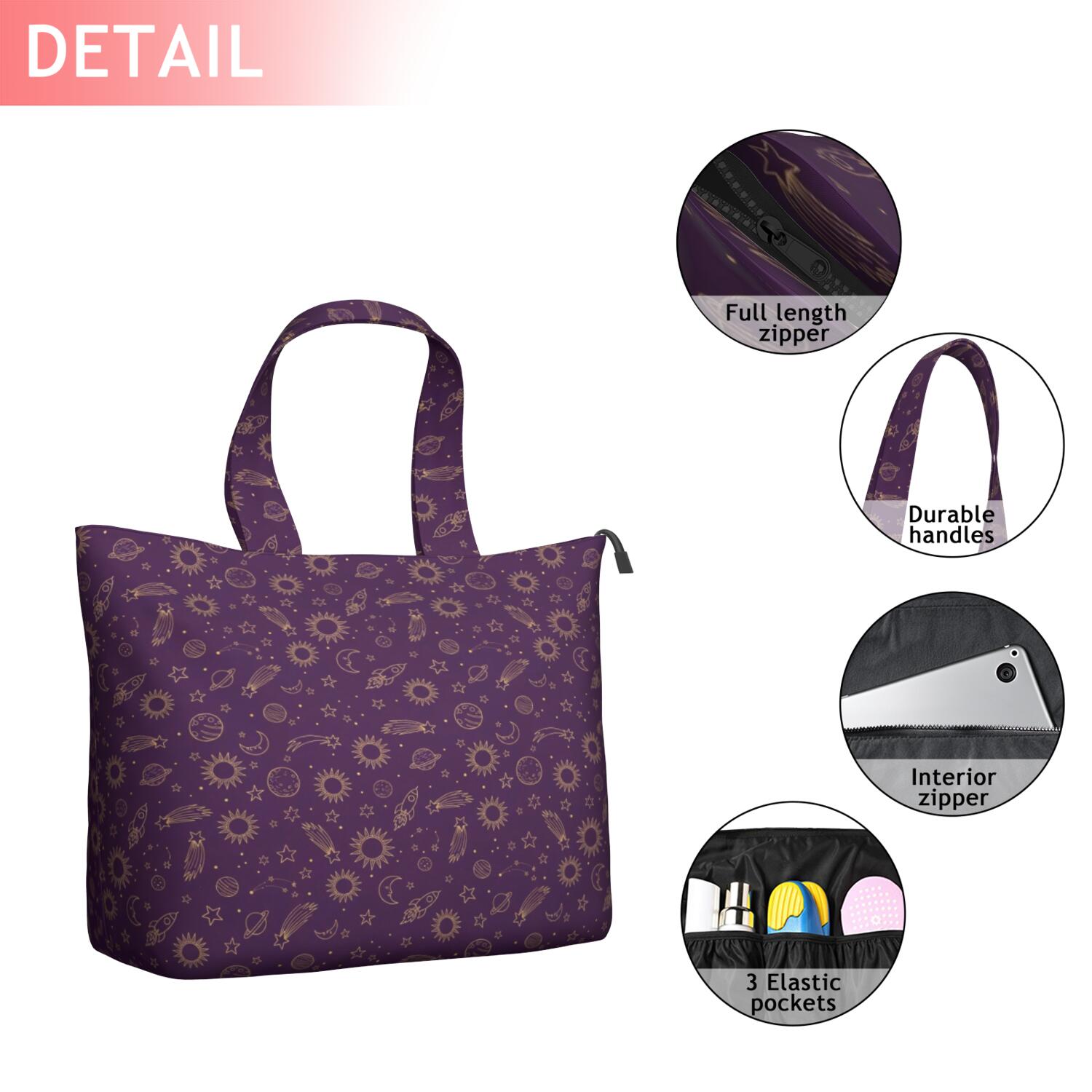 Purple Sun Planet Rocket Star Pattern Travel Tote Bags for Women Carry On,Large Weekender Bags for Women Travel,Multi Functional Duffle Bag for Work,Shopping,Sports