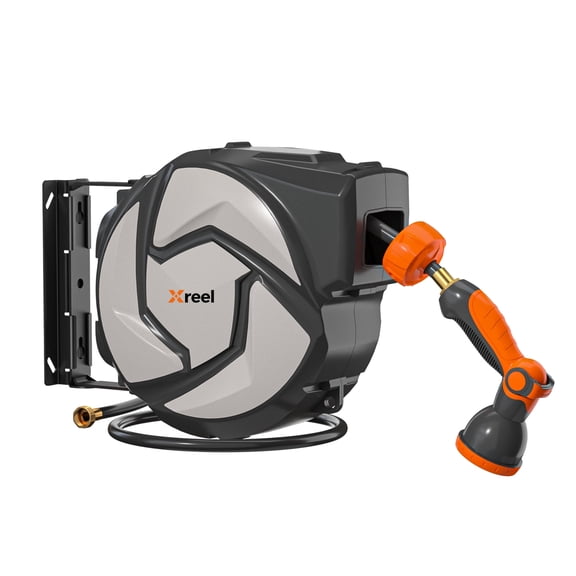 Xreel retractable hose reel,33 feet x 1/2 inch, 180° swivel bracket wall-mounted, garden water hose reel, with 10 pattern nozzles, automatic reel-back, adjustable length locking, and a slow-return