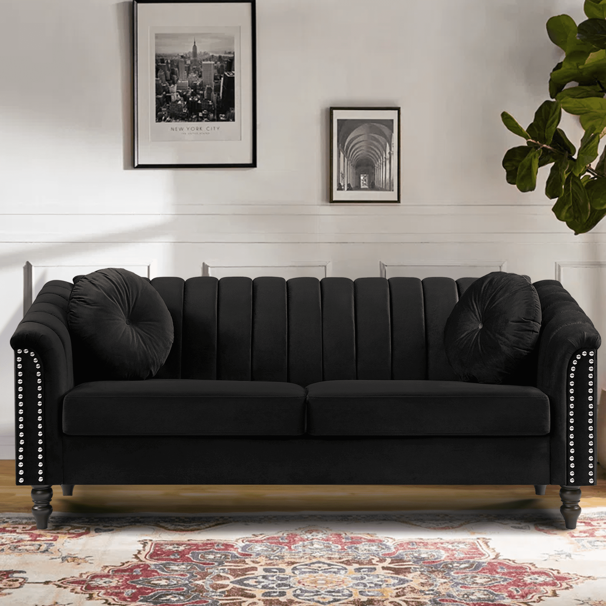 Aukfa 75" Comfy Flannel Sofa, Contemporary 3-Seater Couch for Living Room, 2 Pillows, Black