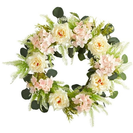 Nearly Natural W1155 22 in. Rose & Hydrangea Artificial Wreath ...
