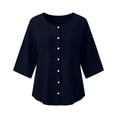 thumbnail image 6 of Tbopshirt Womens Blouses Summer Tops for Women 3/4-length Sleeve Color and Linen Button Fashion Top,Navy, 6 of 7