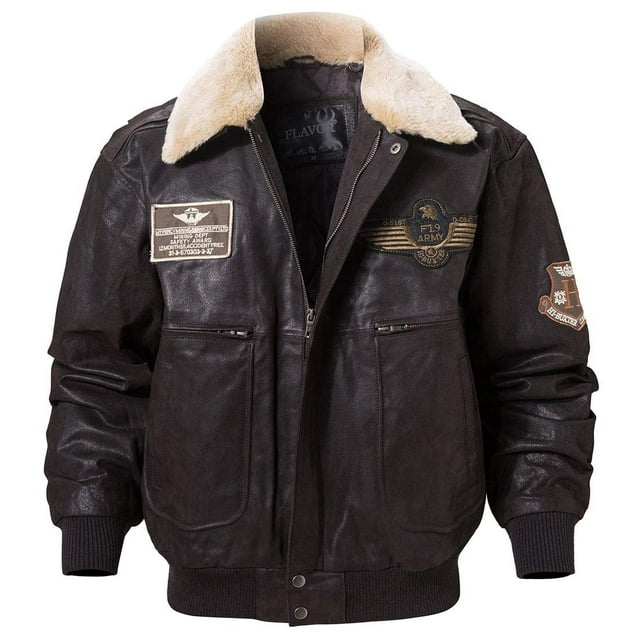 FLAVOR Men's Real Leather Bomber Jacket with Removable Collar Aviator (XL, Dark Brown)