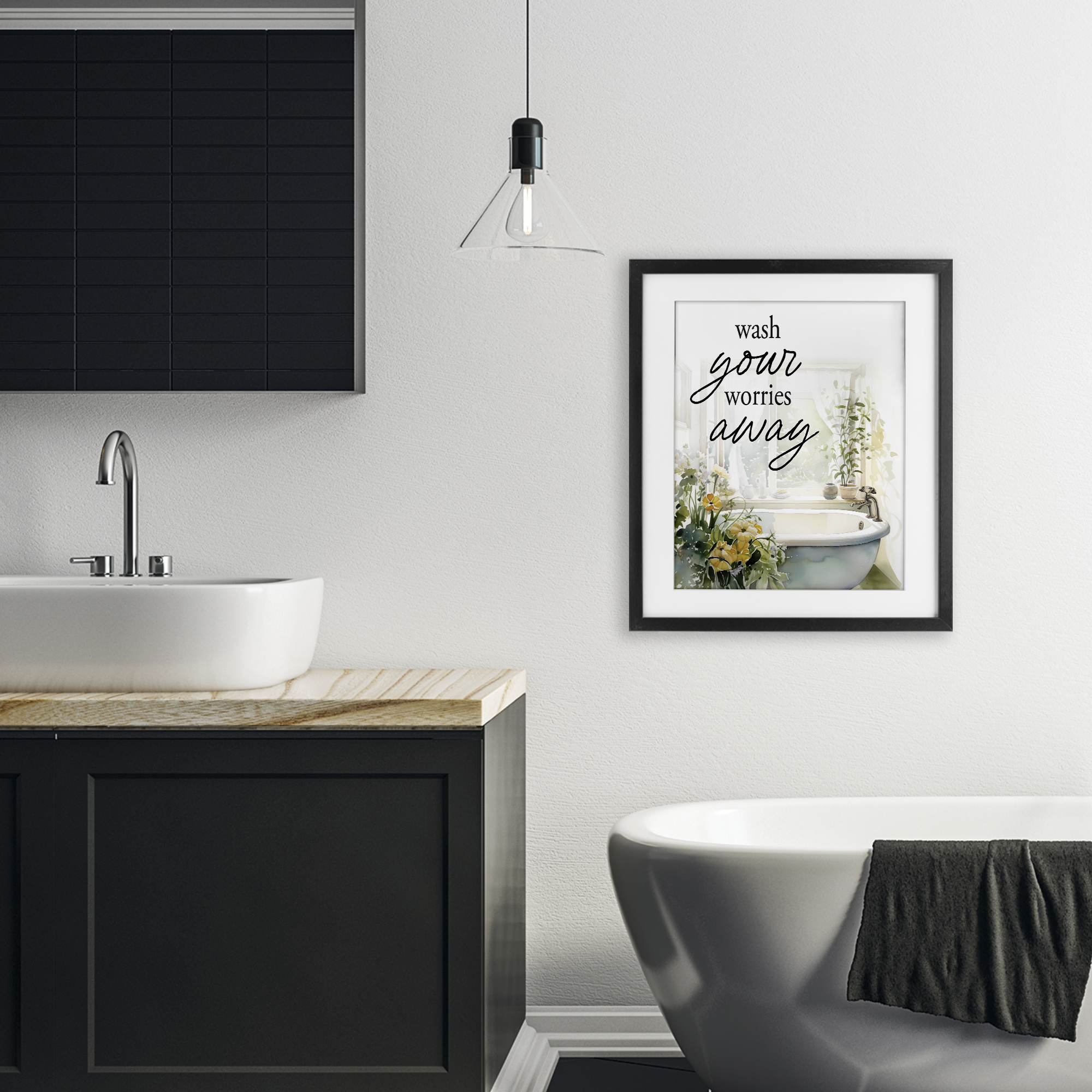 Wash Worries Away Sunlit Bath Black Framed Print Under Glass, design by Lettered and Lined