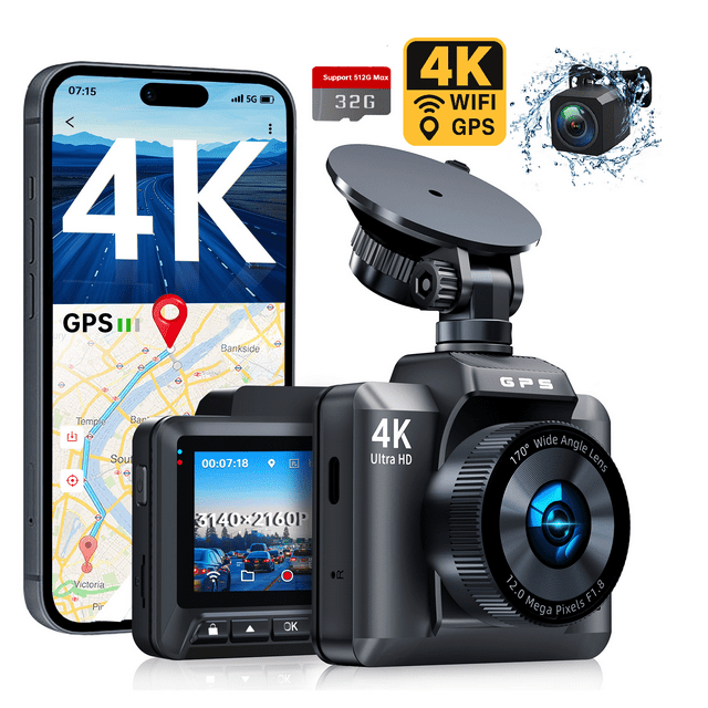 Cámara de Tablero para Auto 4K con WiFi y GPS, Doble Cámara (Frontal y Trasera), Dash Cam con App, Visión Nocturna, Sensor G, Grabación en Bucle, Modo Estacionamiento, Incluye Tarjeta SD 32GB