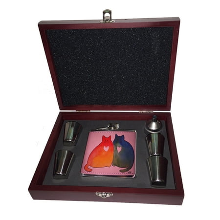

KuzmarK Pink Leather Flask Set in Rose Wood Gift Box - Two Tone Heart Kitties Abstract Cat Art by Denise Every