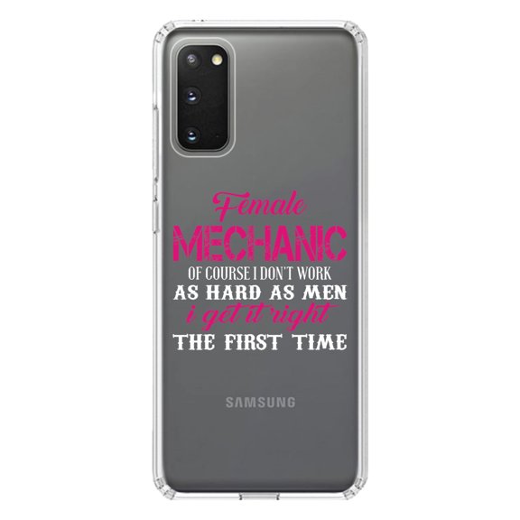 DistinctInk Clear Shockproof Hybrid Case for Galaxy S20 / S20 5G (6.2" Screen) - TPU Bumper Acrylic Back Tempered Glass Screen Protector - Female Mechanic Get It Right the First Time