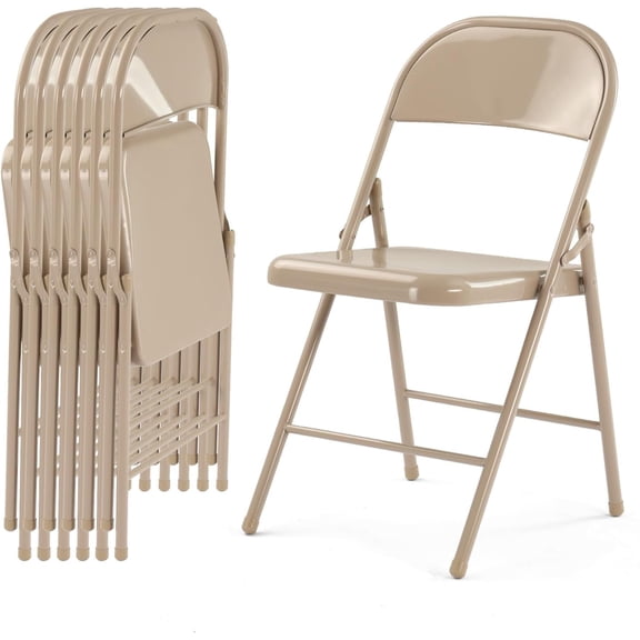 6 Pack All-Steel Metal Folding Chairs, Khaki Heavy Duty Metal Foldable Dining Chair with Backrest, 350 LBS Load Capacity Portable Fold Chair for Home Office Indoor Outdoor Events