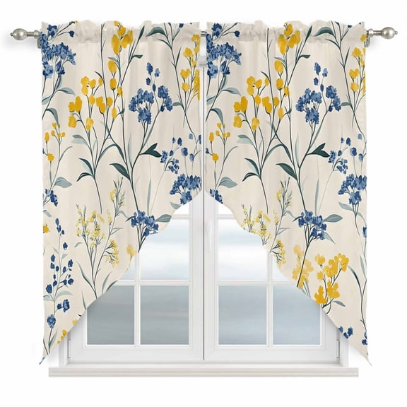 Yellow Blue Flowers Kitchen Window Curtains, Swag Curtains Valance for Bedroom Living Room Bathroom, Watercolor Botanical Floral Plants Rod Pocket Window Curtain Block Drapes 2 Panels 36"x36"