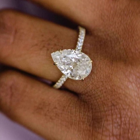 Solitaire Brilliance 3CT Pear Moissanite Hidden Halo Engagement Ring For Women 10k Yellow Gold Ring Size 4