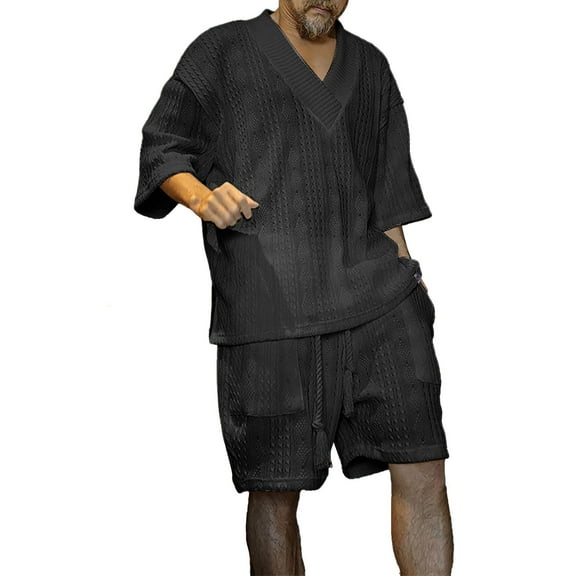 Baqcunre Track Suits For Men Set Men'S Summer Knitted Breathable Anti Wrinkle Two Piece Breathable Suit Rolled Sleeve Shirt Pants Set Mens Outfits Tops For Men Black L