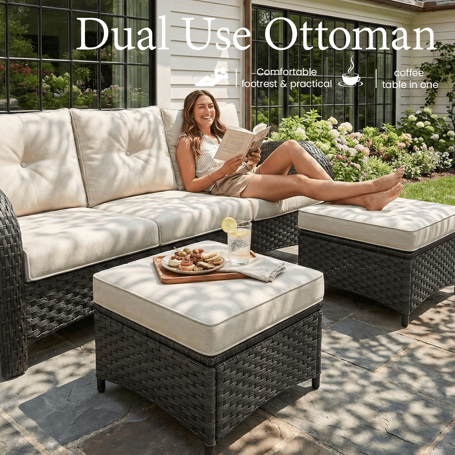 LayinSun 7 Pieces Patio Outdoor Conversation Set, Wicker Furniture Set with Swivel Chairs and Fire Pit Table 7-Seat