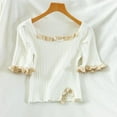 thumbnail image 6 of Wisremt Women's T-Shirt Korean Square Neck Puff Sleeve Female Top Lace Stitching Knit Short All-Match T-Shirts, 6 of 6