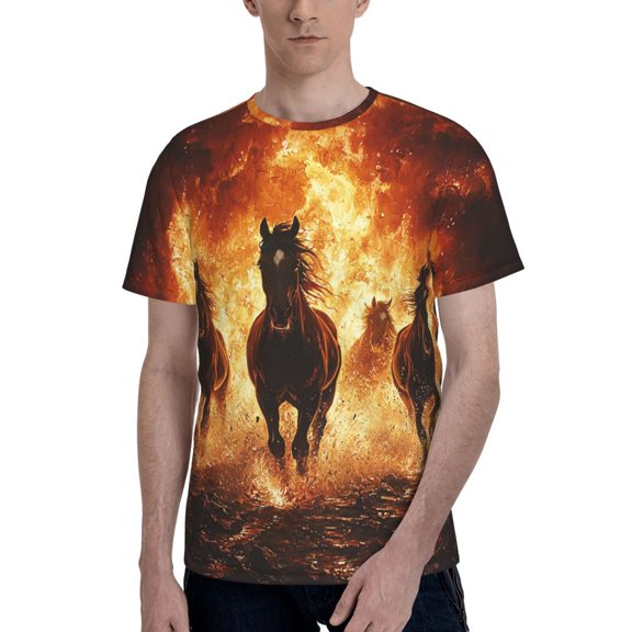 Men 3D Printed Short Sleeve Graphic T-Shirts Tops Tee, Horses Fire Flame Burning