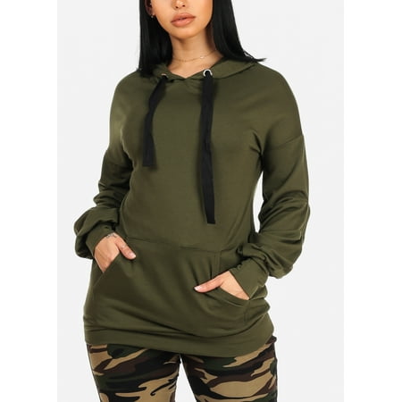 MADE IN USA Casual Womens Juniors Long Sleeve Hooded Stretchy Solid Olive Pullover Sweatshirt