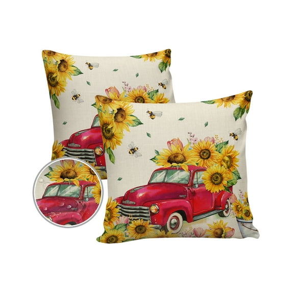 Pack of 2 Outdoor Pillow Covers, Red Truck with Sunflowers Vintage Country Style Waterproof Square Throw Pillowcase Cushion Decorative Pillow Covers for Couch Patio Tent, 16x16 in