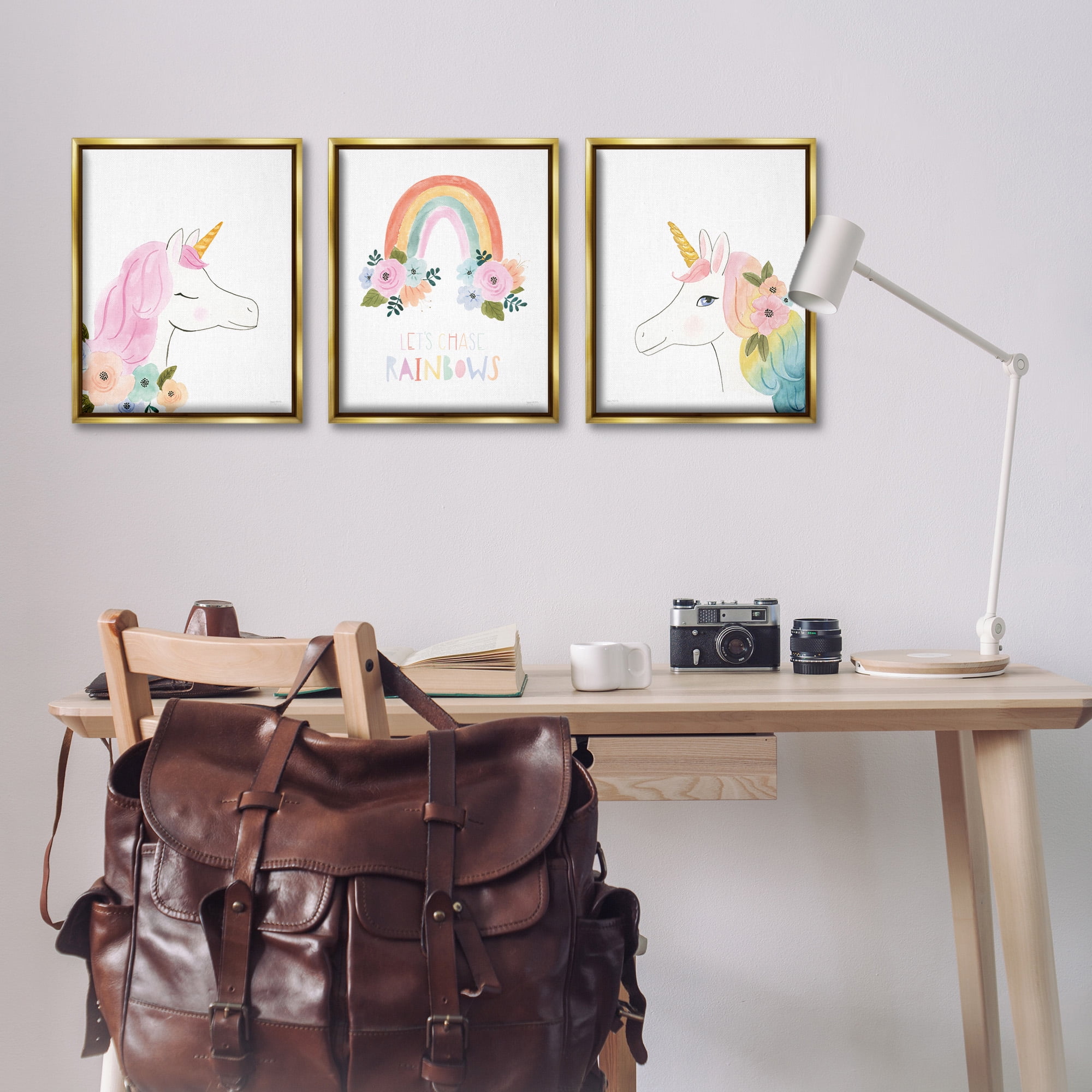 Stupell Industries Let's Chase Rainbows Unicorns Fairy Tales & Fantasy Painting Gold Floater Framed Canvas Art Print Wall Art, 17 x 21, Set of 3