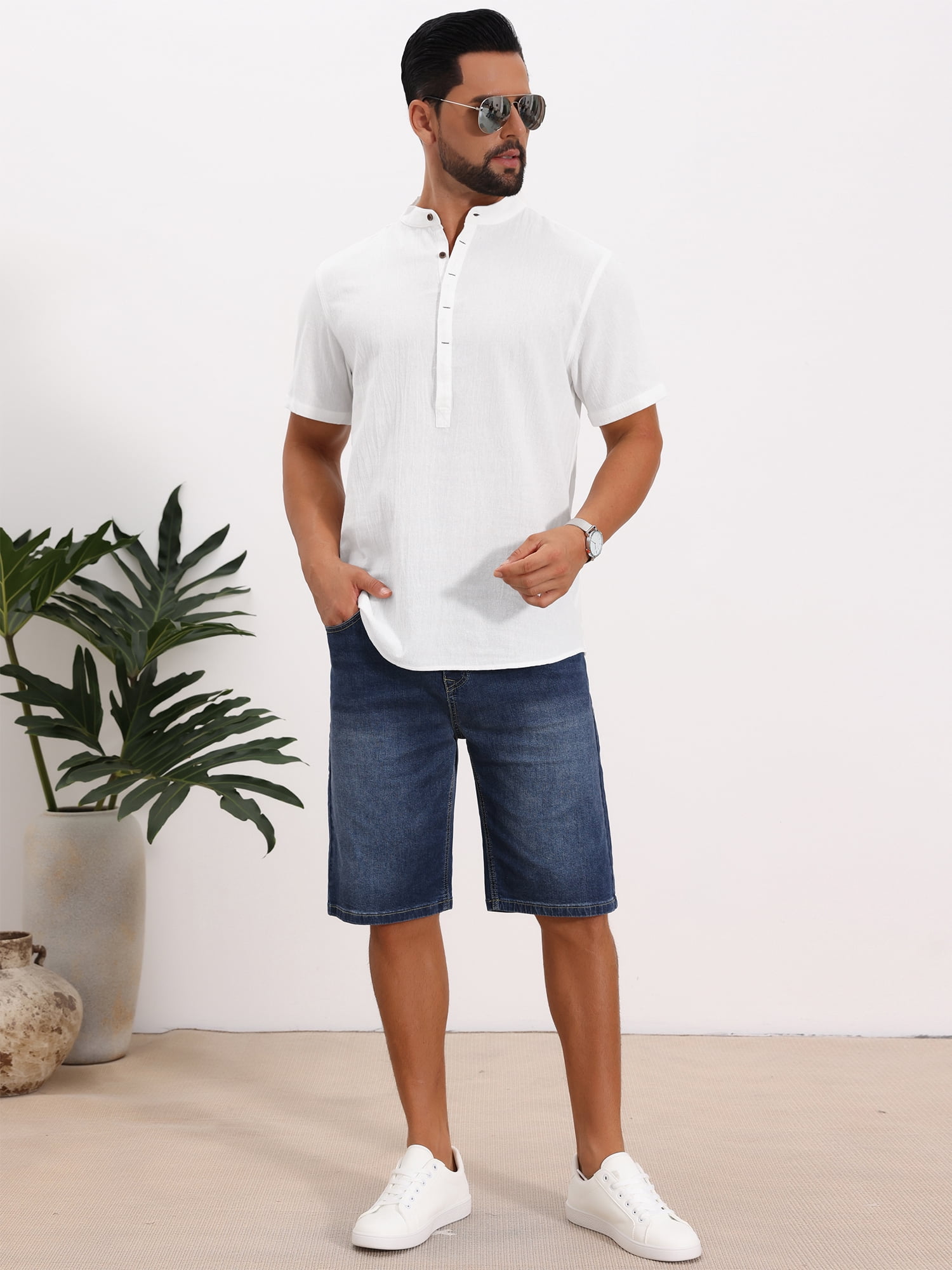 DARING DIVA Men's Casual Henley Band Collar Short Sleeve Summer Linen Shirts M White