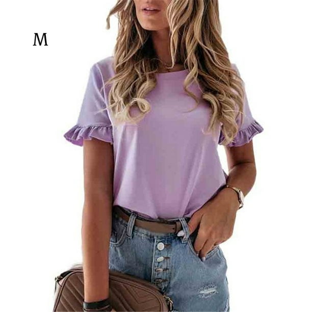 Qarigey Camiseta de mujer Cuello Top de verano Manga corta Algodón Chica Paño Prendas para la parte del cuerpo Púrpura M