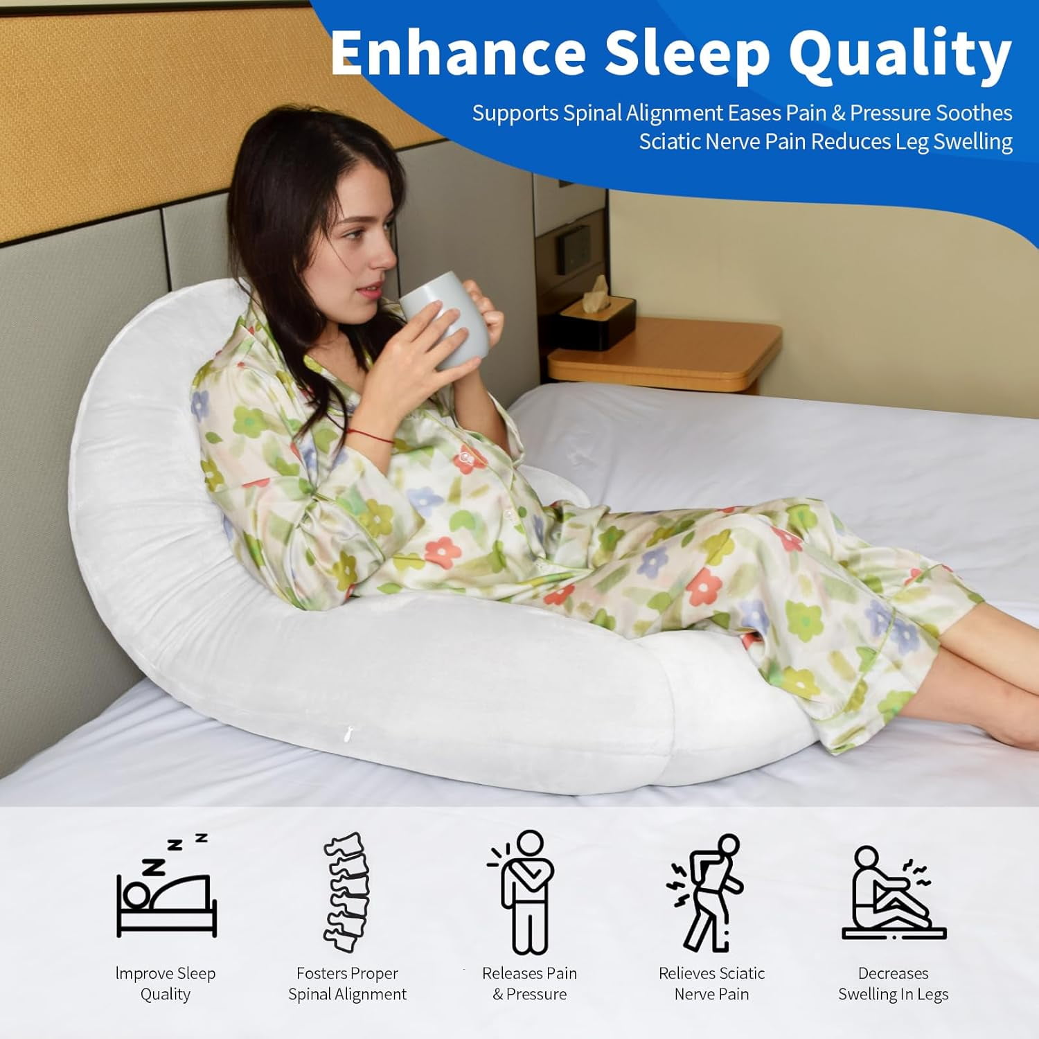 U-Shaped Full Body Pillow for Side Sleepers – 51-Inch Body Pillow with Ear Piercing Design – Cooling Pregnancy Pillow Orthopedic Support for Back, Neck & Hip – Soft Washable Velvet Cover