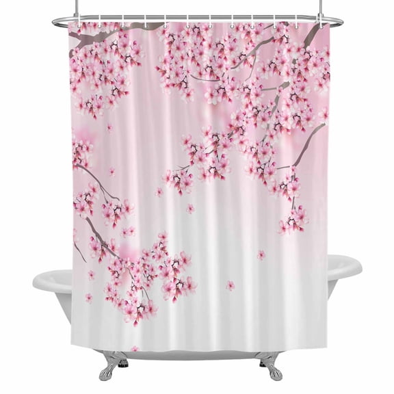 Pink Cherry Blossom Shower Curtain Set with Hooks, Watercolor Spring Flowers Waterproof Fabric Bathroom Curtains Decor Home Accessories,72 X 84 Inch Extra Long