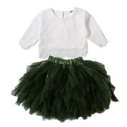 Toddler Baby Girls 2pcs Clothes Sets Lace Hollow Shirts Ruffled Tulle Tutu Skirt Princess Birthday Party Dress Outfit