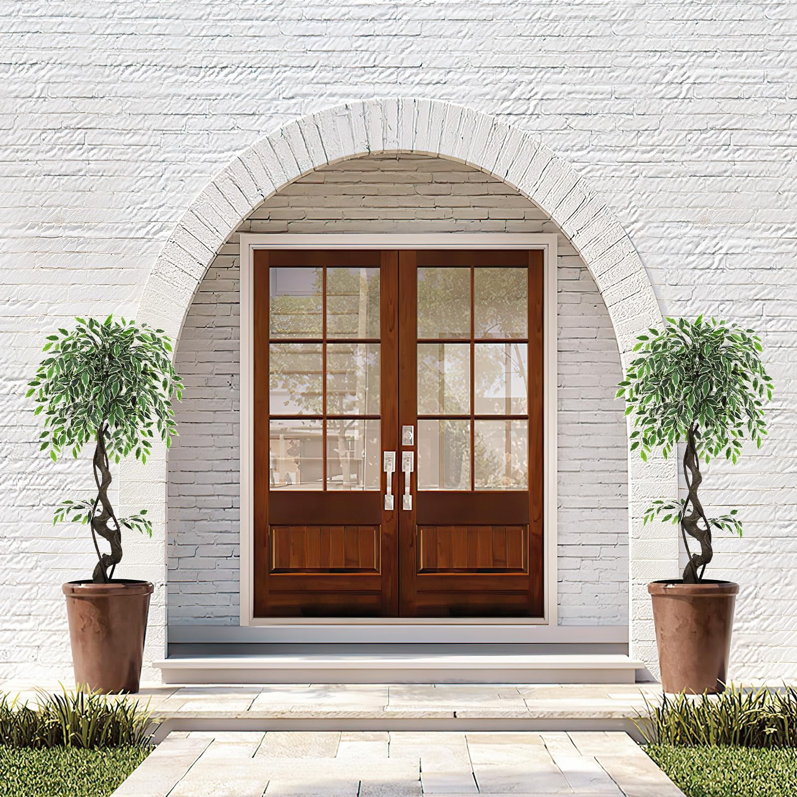 Ataucjin 4FT Artificial Ficus Tree,Faux Floor Tree White Imitation Ceramic Planter, Indoor Outdoor Lifelike Fake Ficus Tree with Pebbles & Green Fake Moss for Office Home Decor