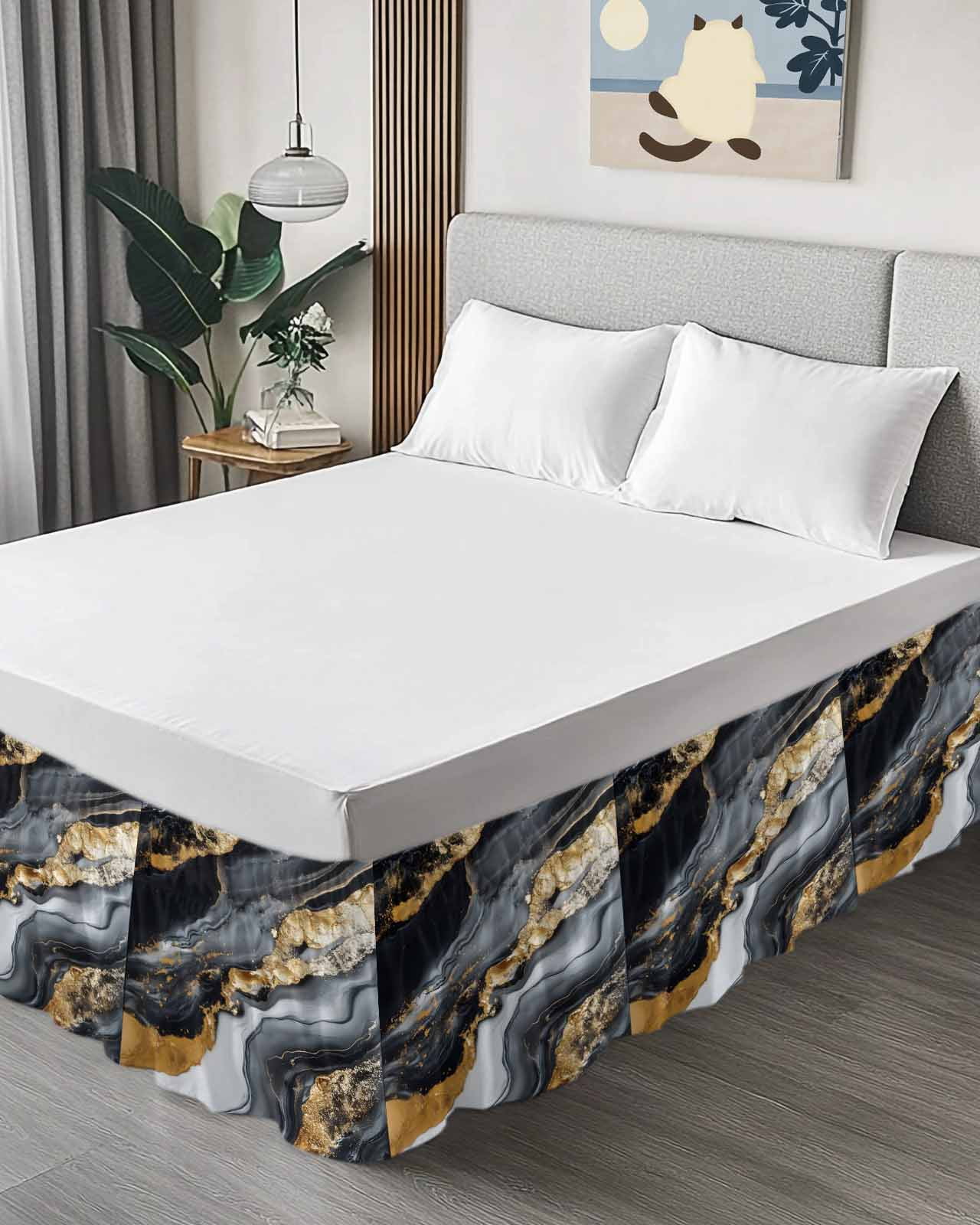 Abstract Marble Texture Bed Skirt Black Gold Crack Gradient Bed Skirts Queen Size 16 Inch Drop, Wrap Around Dust Ruffle&nbsp;Bedskirt with Adjustable Elastic Belt for Queen Size Beds