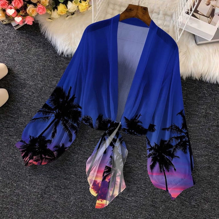 Cute Cardigan Women Shrugs Chiffon Cardigans Summer Tie Front Lightweight  Boho Floral Open Front Long Sleeve Blouse Shirts Dark Blue S - Walmart.com