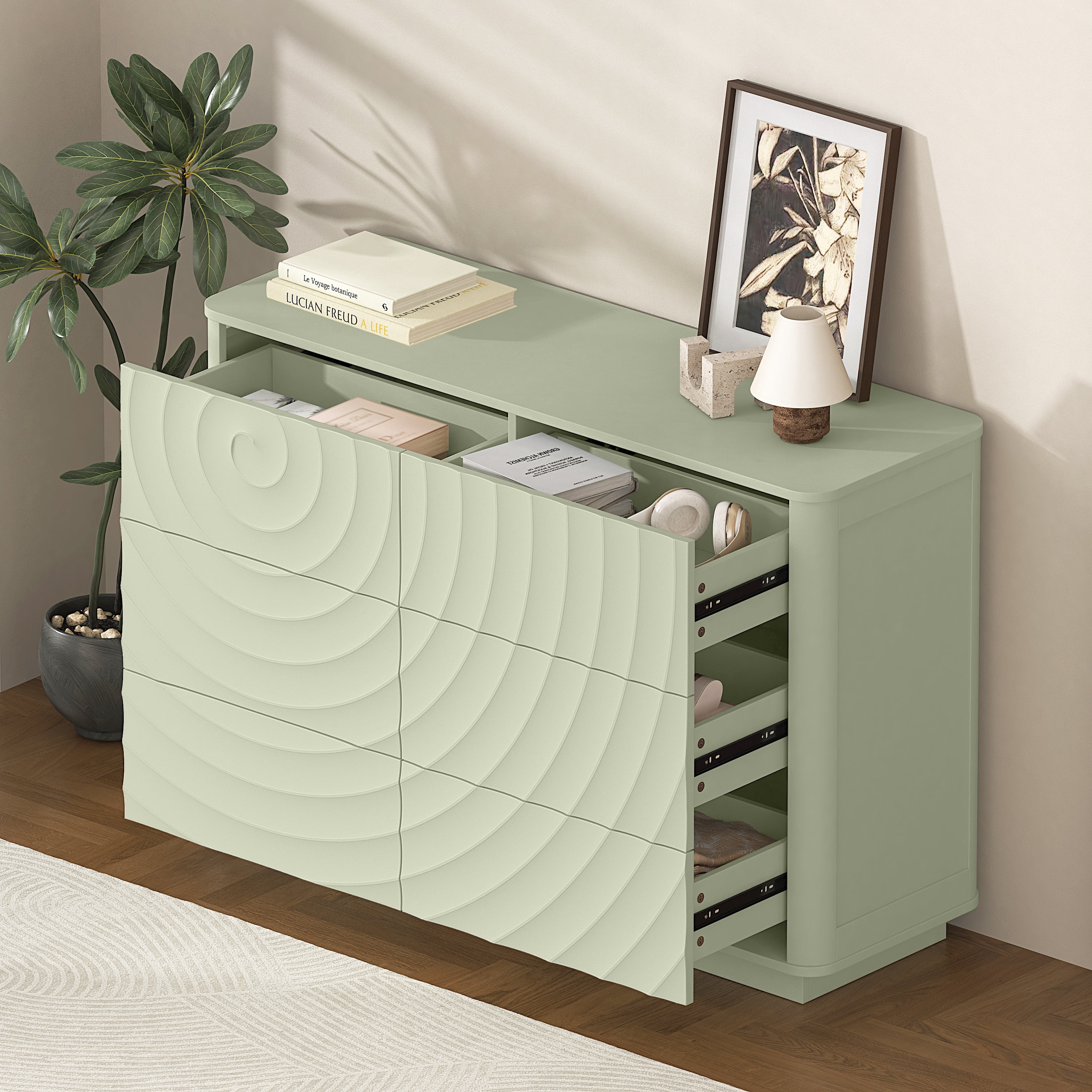 Aukfa 6 Drawer Dresser with 3D Wave Front Design, Modern Wood Double Dresser, Wide Chest of Drawers with Anti-Tip Kit for Bedroom,Sage Green