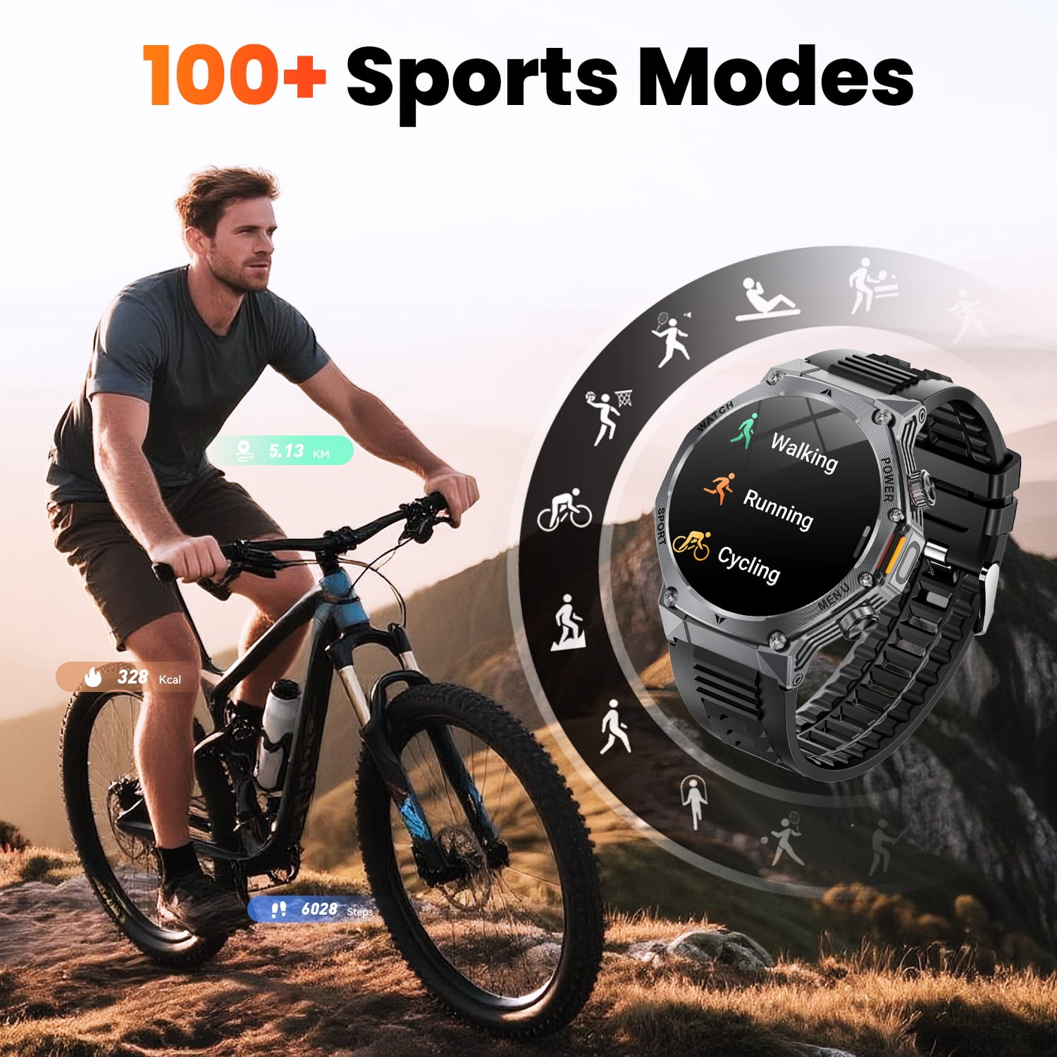 1.8-inch Military Men's Smartwatch fits for Android IPhone Devices with Fitness Tracker, Answer/Call/100 Multi-Sport Mode, IP67 Waterproof Sports Step Tracker (Black)