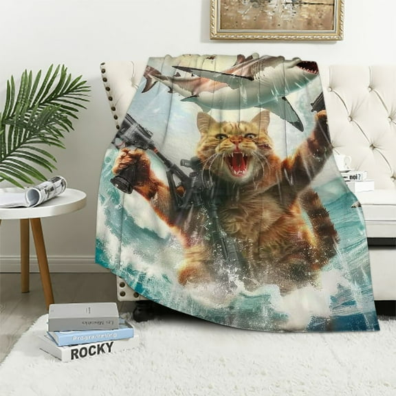JRXY Funny Cat Throw for Kids, Farmhouse Cool Cat Riding Shark on Blue Ocean Throw Blanket Cozy Soft Couch Sofa Bed,Blue Blankets Bedding Gifts White