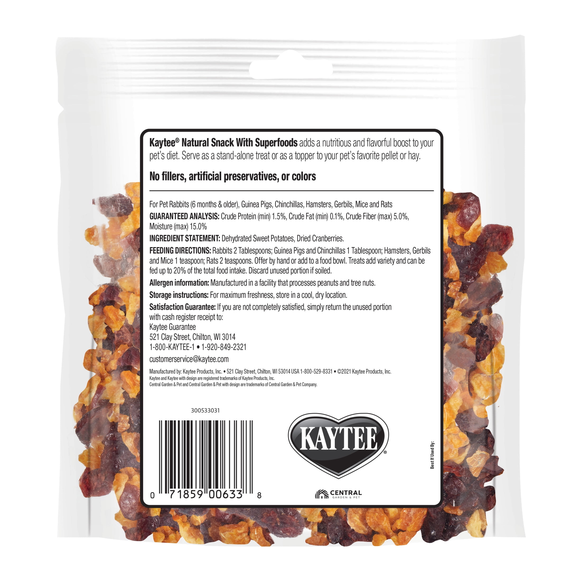 (3 pack) Kaytee Natural Dry Snack for Small Animals, Sweet Potato & Cranberry Treat or Topper, 3 oz