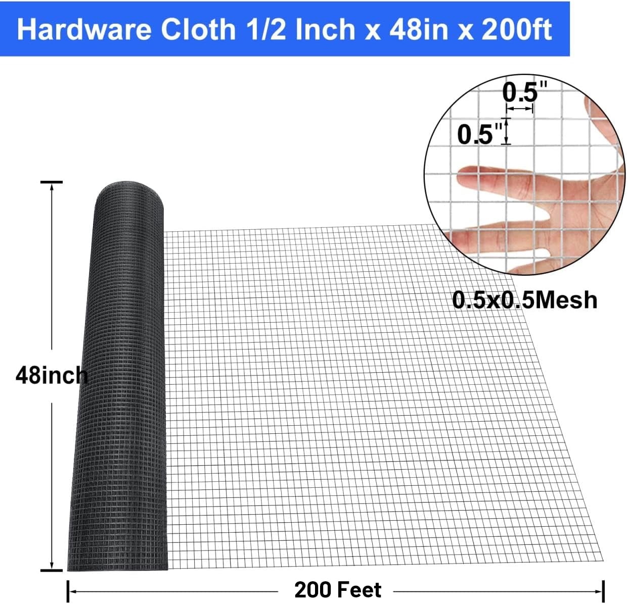 Land Guard Hardware Cloth 1/2 inch 48 inch x200in 19 Gauge - Vinyl Coated Welded Wire Mesh Roll Chicken Wire Fencing Garden Fence Tree Guard Hardware Mesh Wire Fence Roll  (Black)