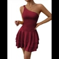 thumbnail image 2 of Vestido Mini de Corte A Sin Mangas con Volantes Escalonados, Fruncido y un Hombro para Mujer Vino Tinto S, 2 of 8