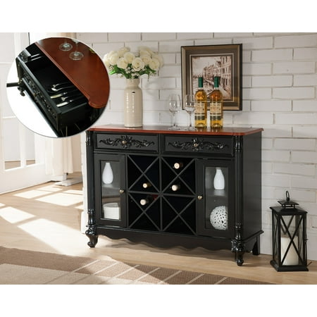 Sideboard Glass Paul Black & Walnut Wood Contemporary Wine Rack Sideboard Buffet Display Console Table With Storage Drawers & Glass Cabinet Doors ()