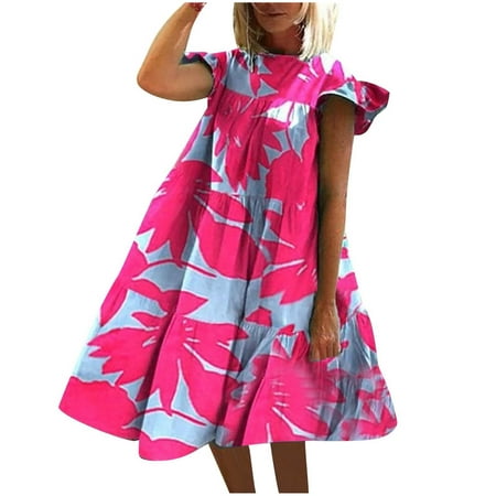Blphud Flowy Summer Dress Summer Dresses for Women 2024 Ladies Causal Dresses Women s Summer Casual Dress O Neck Mini Dress Short Sleevele Ruffle Dress Fancy Casual Dresses for Women Hot Pink XL