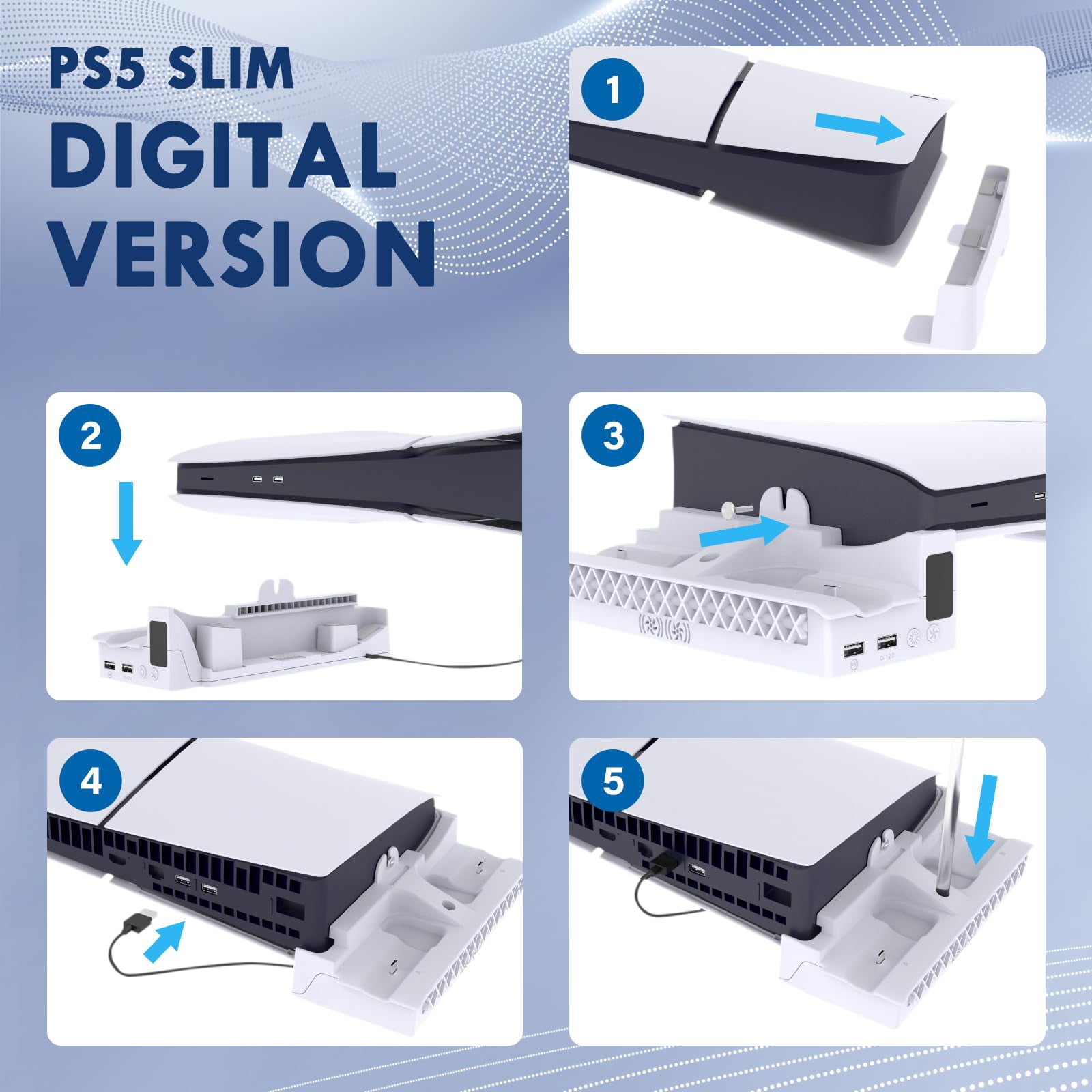 Cooling Station for PS5/PS5 Slim Console Disc/Digital Edition, PS5 Controller Charger with Dual, PS5 Stand for 3-Levels Cooling Fan, Removable Headset, Vertical Cooling Stand Holder