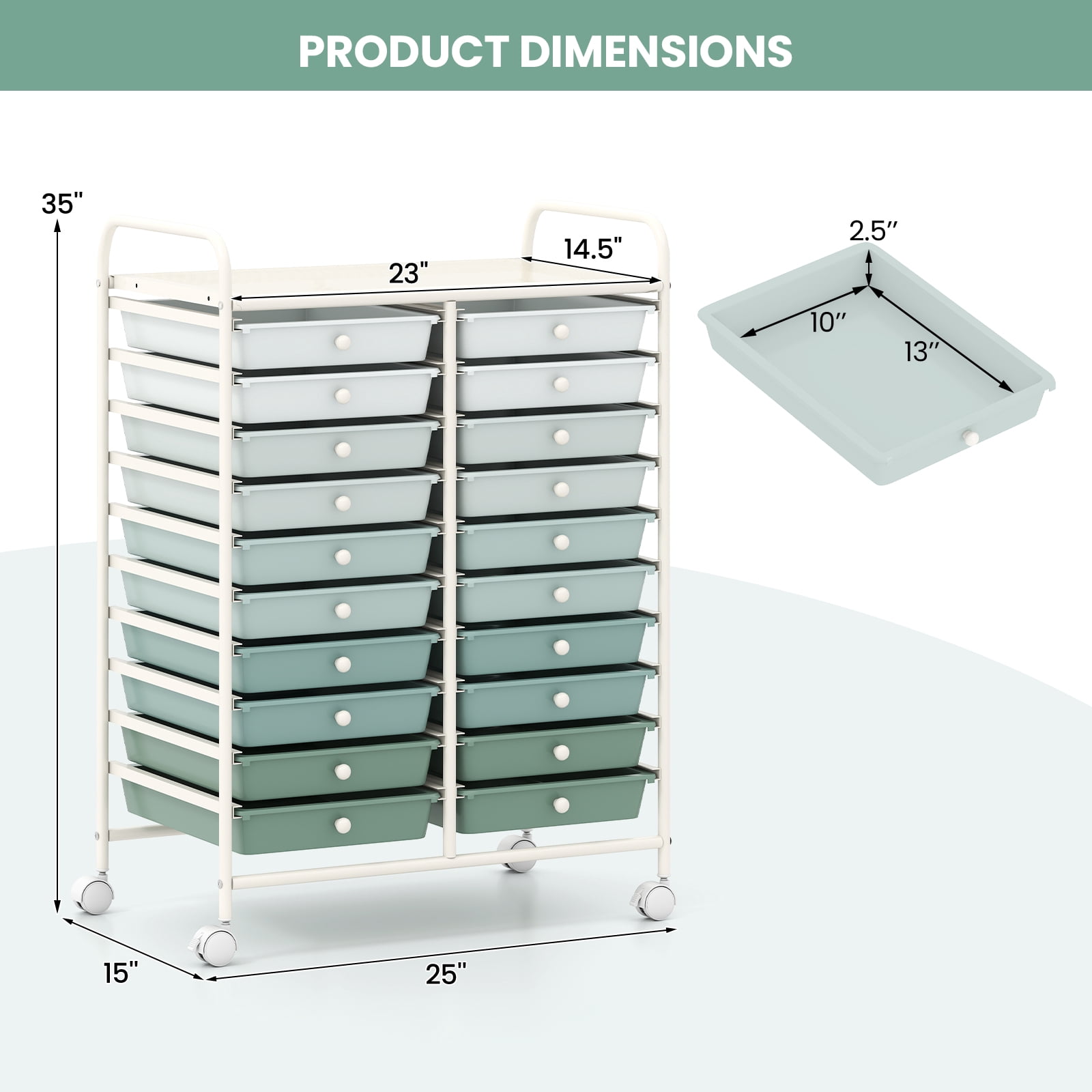 Costway 20-Drawer Rolling Art & Craft Storage Cart with Removable Drawers & Metal Frame,Lockable Wheels Gradient Green