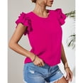 thumbnail image 3 of Women Crew Neck Blouse Cap Ruffle Sleeve Pure Color Loose Fitting Casual Summer Shirt Rose Red XL, 3 of 6