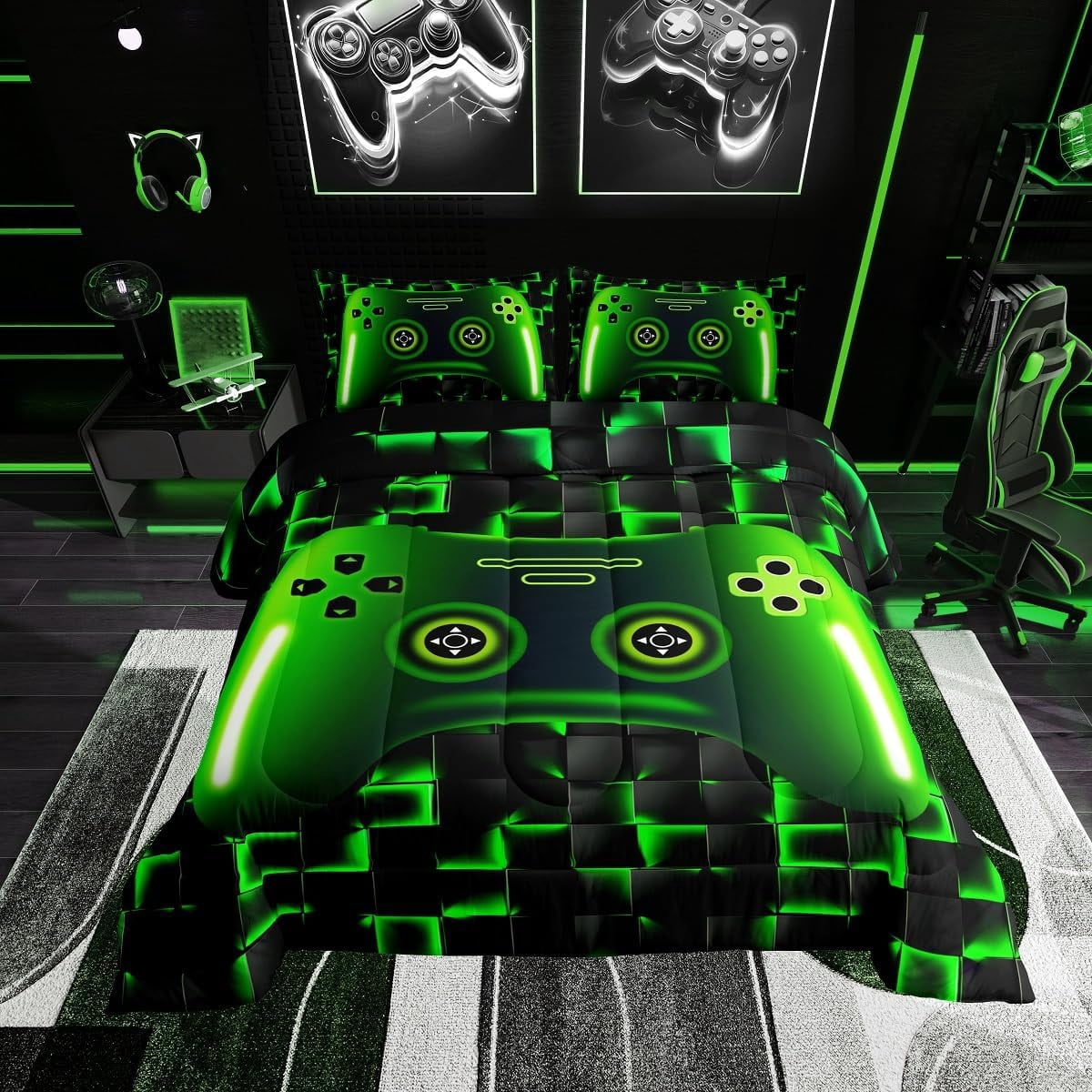 yst Full Size Game Console Comforter Set Gamer Bedding,3D Gaming Geometric Check Lightweight Soft Bedding Sets,Neon Green Gamepad Bed Comforter,Black