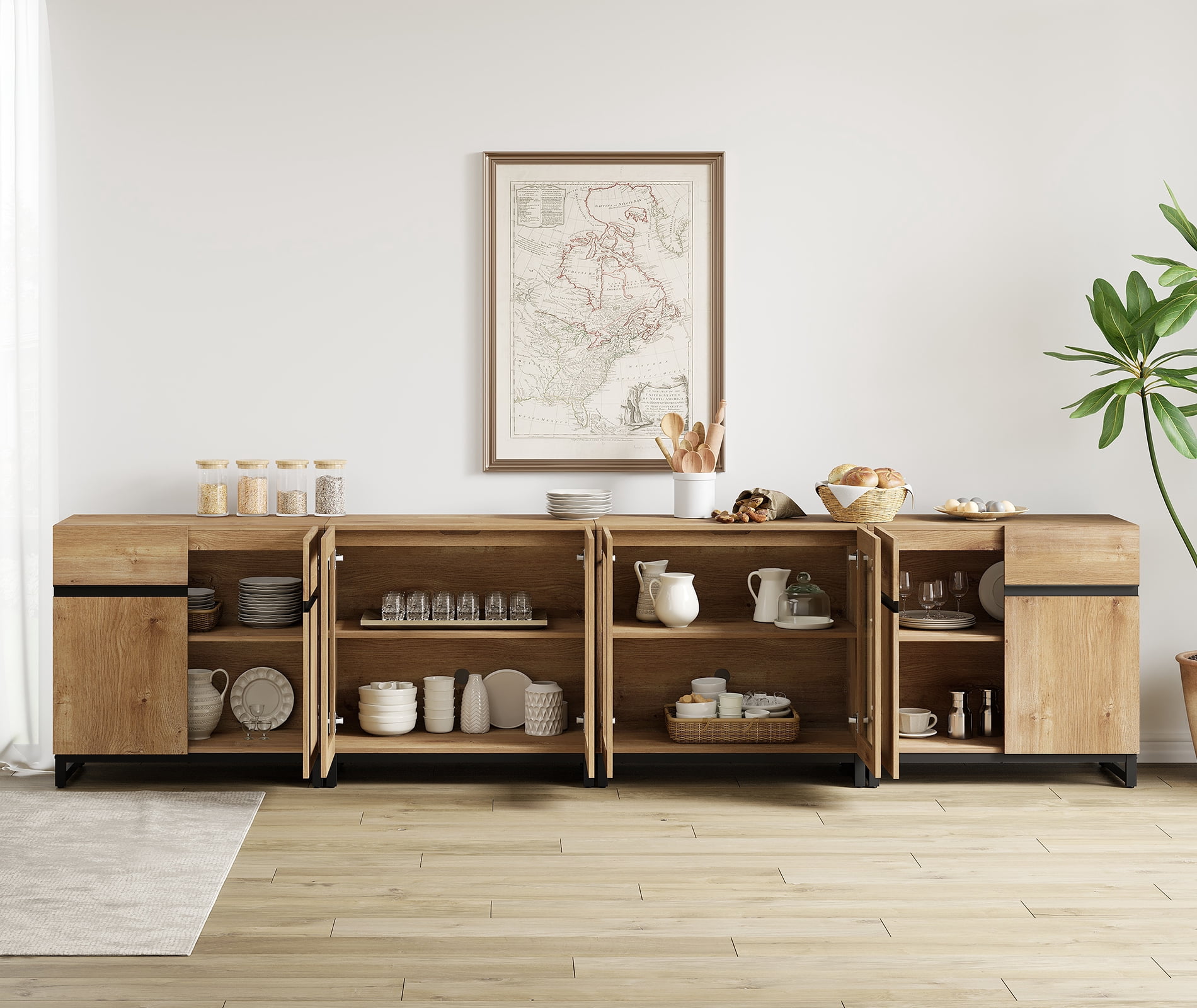 4 In 1 TV Stand For Tvs Up To 120 Inches, Modern Entertainment Center With Glass Doors And Metal Legs, TV Console With Adjustable Shelf For Living Room, Bedroom,Oak
