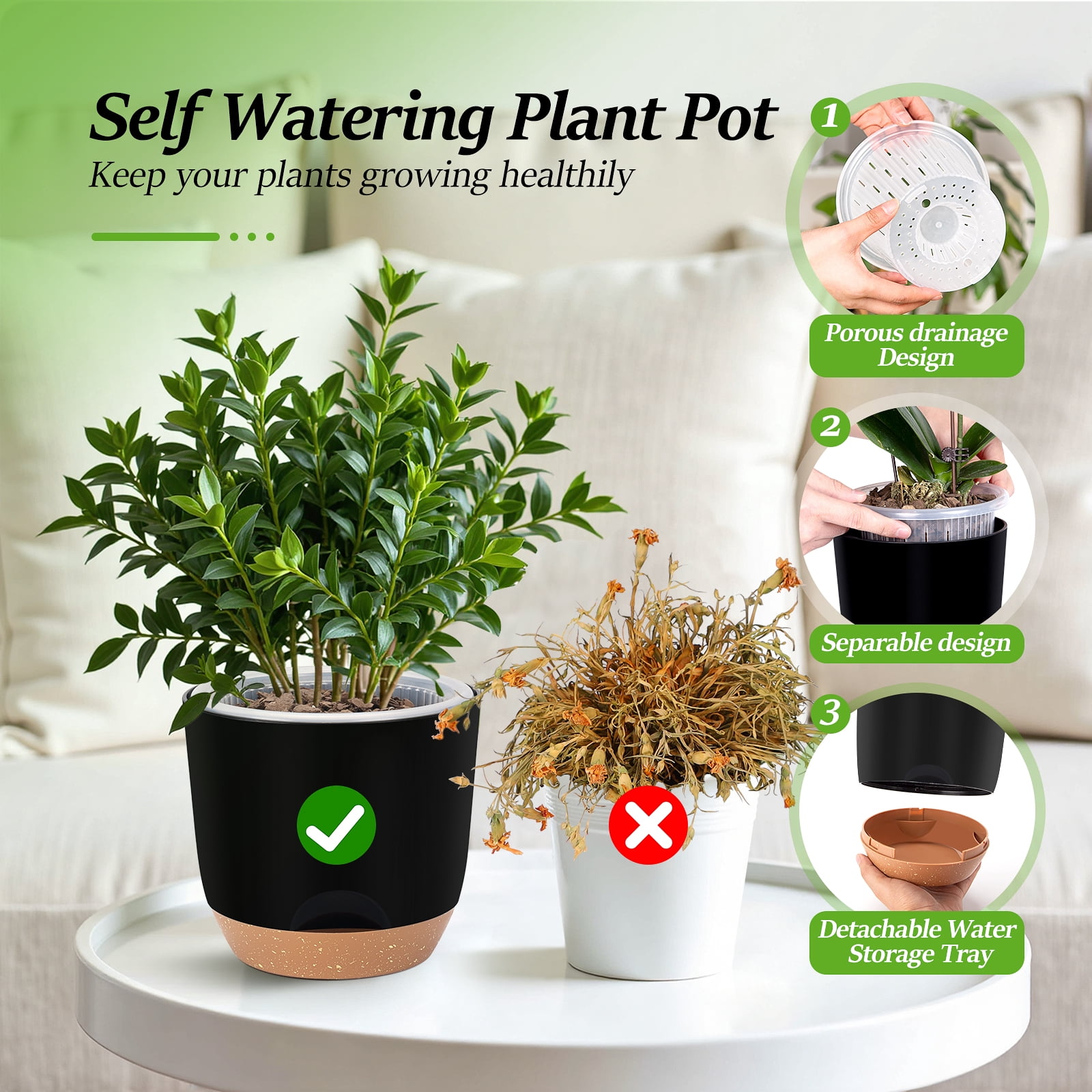 QCQHDU 7.2 Inch Self Watering Planters for Indoor Plants with Bottom Watering,2Pack Flower Plant Pots for Outdoor with Drainage, Durable Plastic planters Pots(Black)