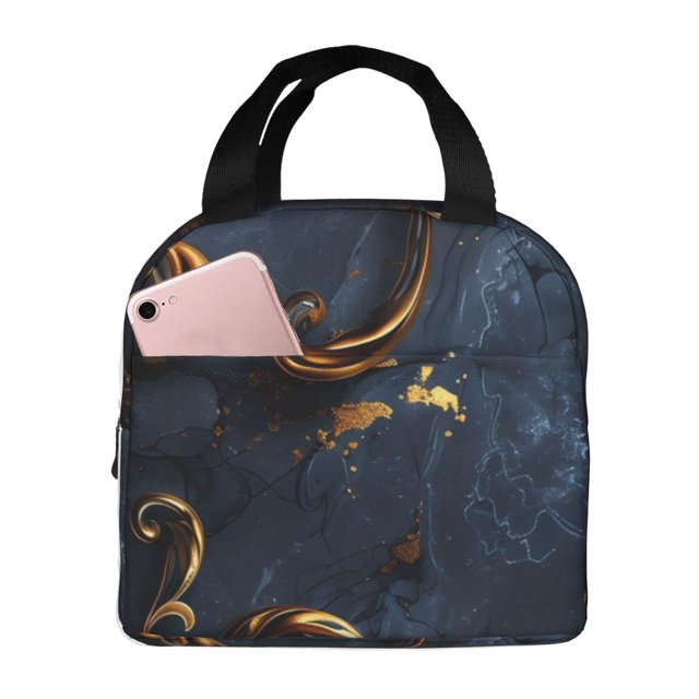 Fotbe Elegant Gold Scrollwork Bolsa Térmica con Estampado y Forro de Aluminio Grueso Bolsa de Almuerzo con Bolsillo Frontal para Hombres y Mujeres, Ideal para Trabajo, Escuela