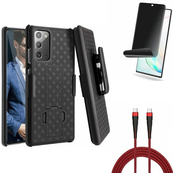 Privacy Screen Protector & Case Belt Clip & 10ft PD Cable for Samsung Galaxy Note 20 (6.7") - Combo with TPU Film Anti-Peep & Holster Swivel & Type-C to USB-C Charger Cord