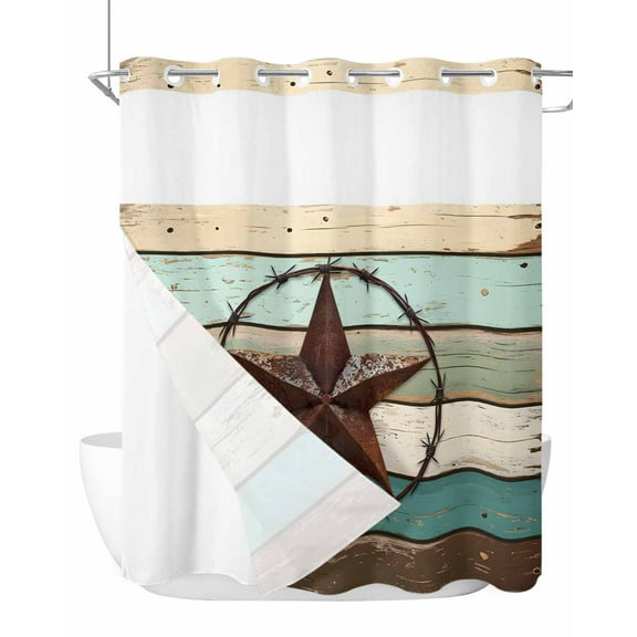 No Hook Cloth Fabric Shower Curtain with Snap in Liner, Texas Star Western Waterproof Shower Curtains Set with See Through Top Window, Vintage Teal Brown Wooden Farmhouse Bath Curtains Shower 72"x78"