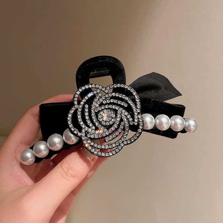 Black Velvet Rhinestone Hairclip Large Black Velvet Hair Bow: Rhinestone Buckle, France Barrette - Etsy main image 2