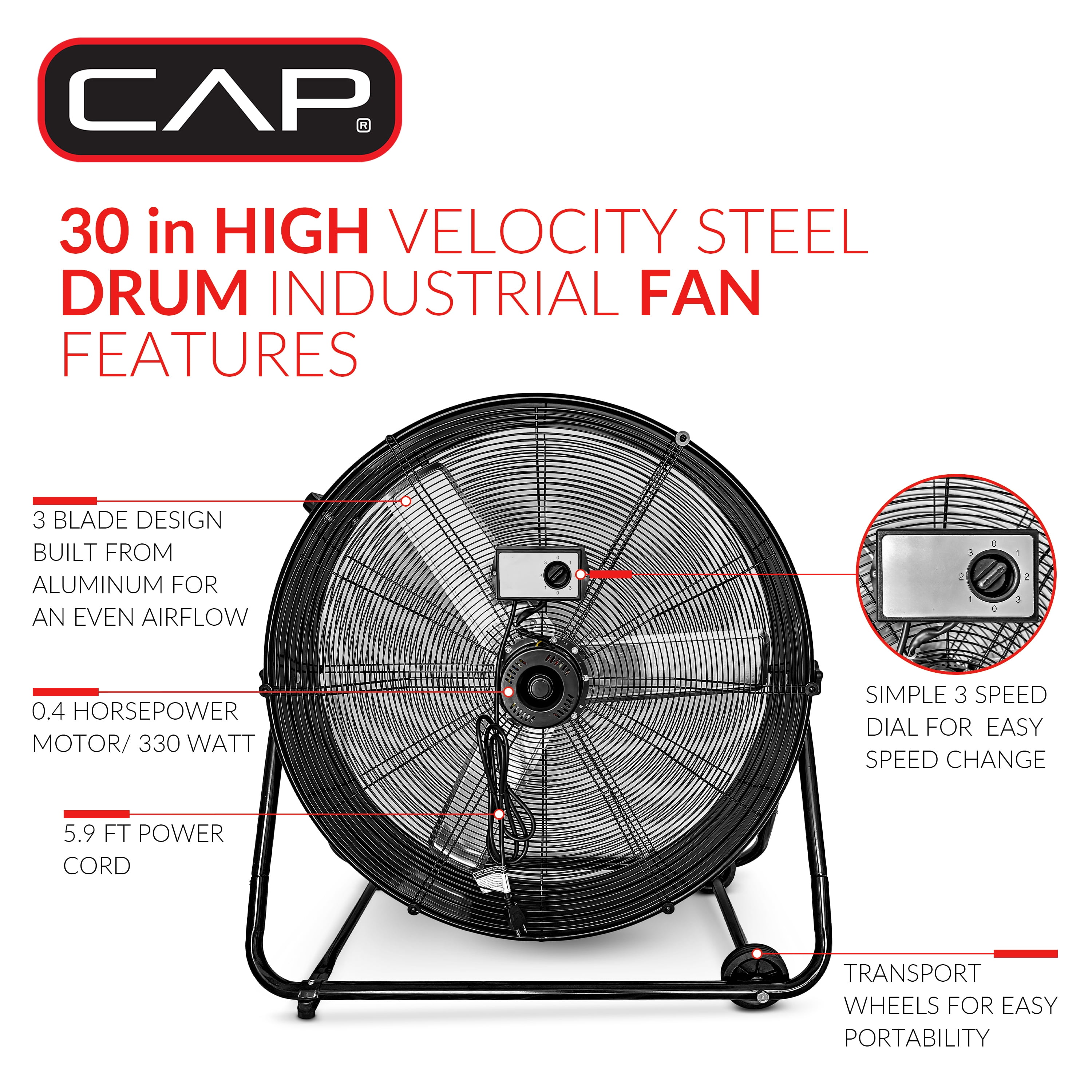CAP Barbell 30'' High Velocity Heavy Duty Floor Fan, 3-blade design