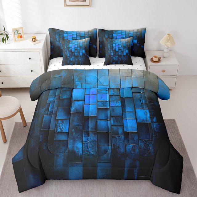 Erosebridal Black Blue Abstract Bedding Full Size, Contemporary Square Checkered Comforter Sets with Sheets Microfiber 7 Pieces